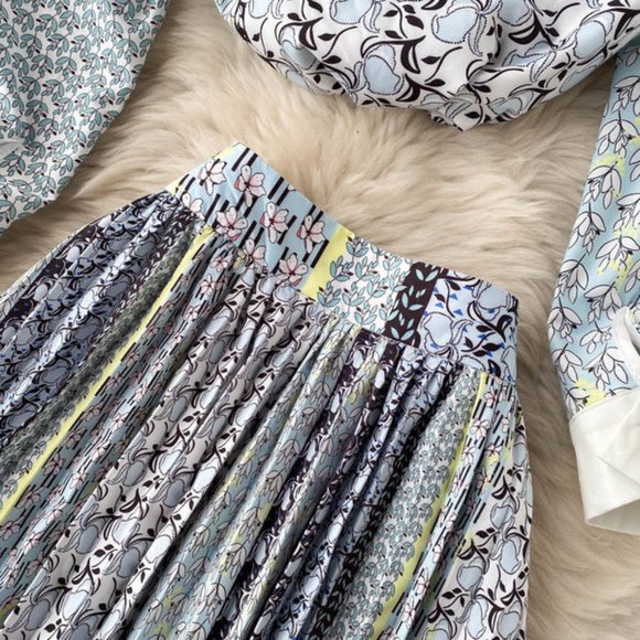 Elegant Breasted Print Tops And Midi Skirt Set - Picture 5 of 13